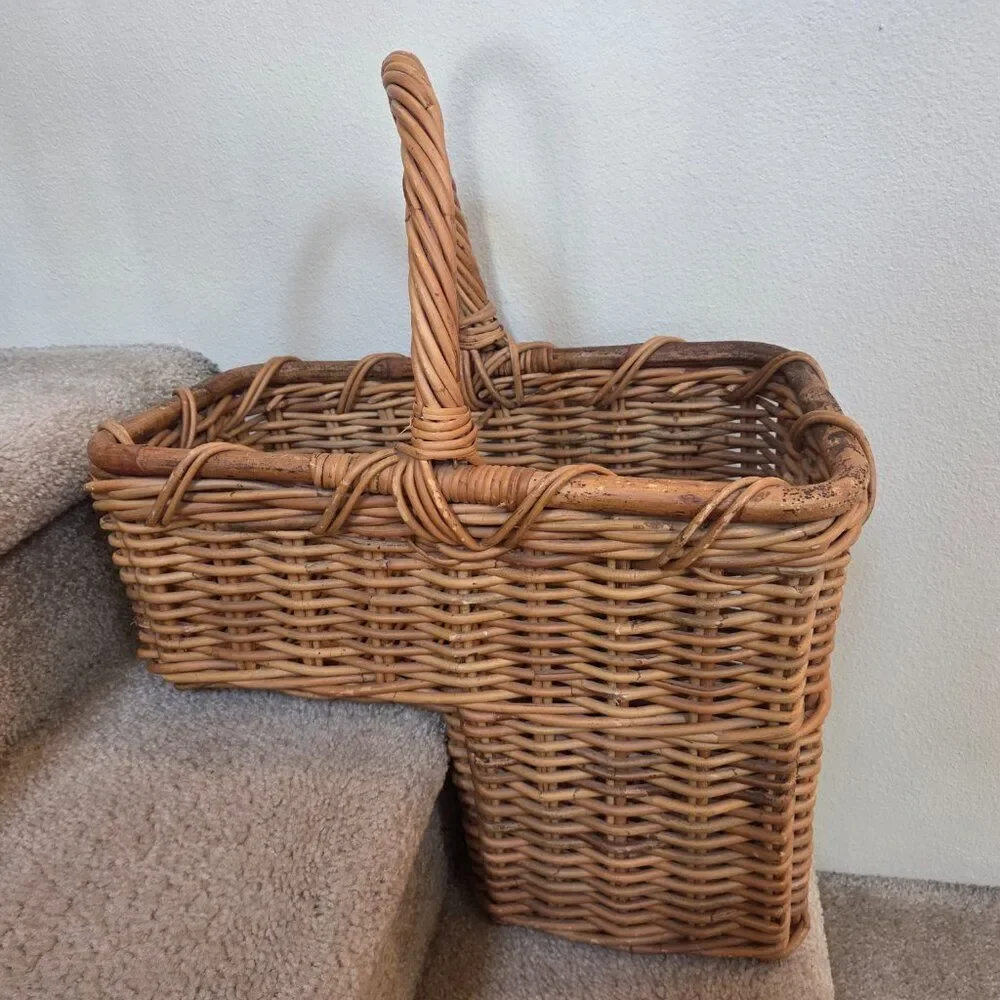 Heritage Stair Step Rattan Basket Hand Woven Wicker Rustic Cottage VTG Country
